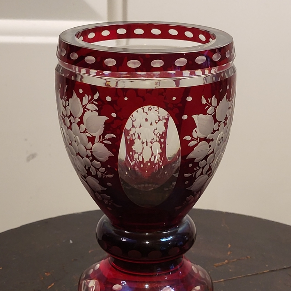 Vintage Egermann Cranberry Cut Crystal Floral Antique Vase